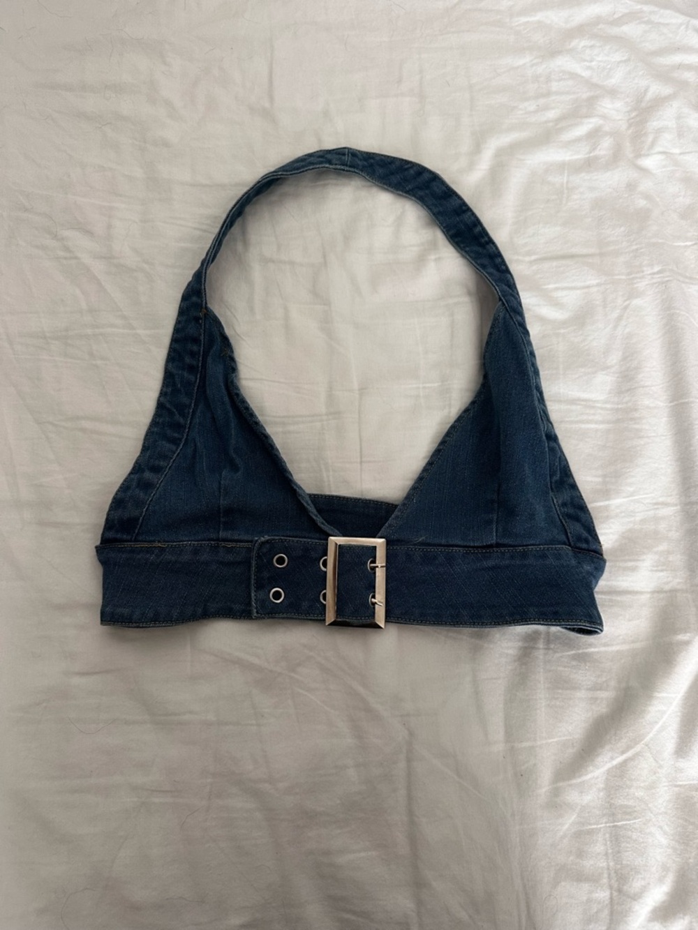3 for $6 SHEIN Dark Blue Denim Halter Crop Top with Center Buckle